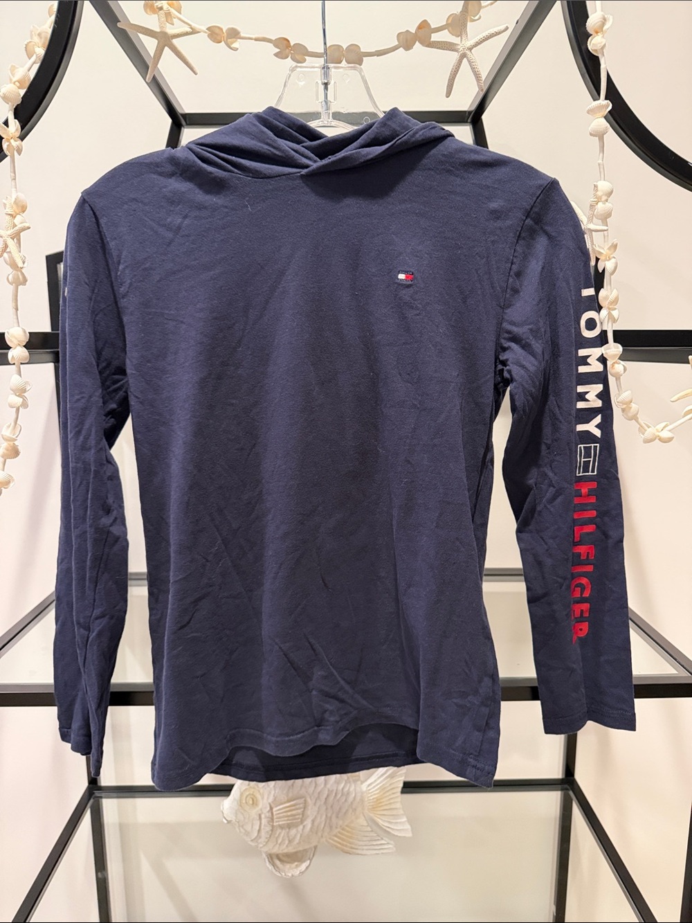 Tommy Hilfiger Navy Hooded Long Sleeve Tee with Sleeve Logo